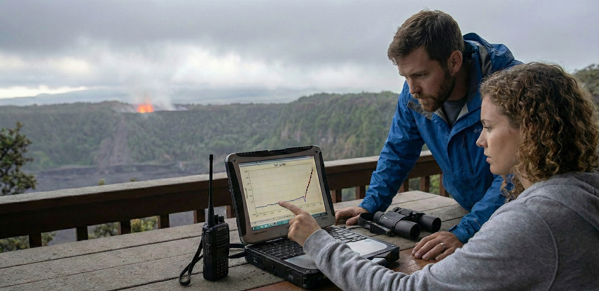 A couple at Aloha Crater Lodge sitting on a lanai overlooking the Kilauea caldera, using a rugged la