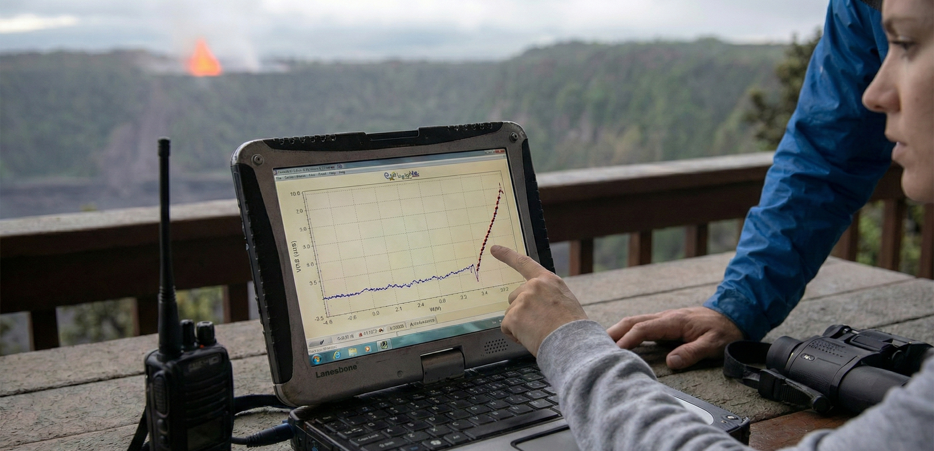 A close-up of a laptop screen displaying a Kilauea tiltmeter graph with a sharp upward trend, indicating rapid magma inflation and a potential imminent eruption.