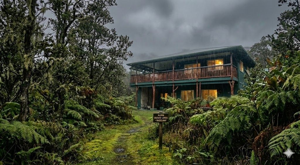 A realistic exterior view of a two-story dark green lodge nestled deep in a misty, dense rainforest. The building features a rustic wooden balcony with natural timber railings and warm light glowing from the windows, contrasting with the moody, overcast sky. A mossy grass path leads through lush ferns and trees toward the entrance, passing a small wooden sign in the foreground that reads 'ALOHA CRATER LODGE - BASECAMP'.
