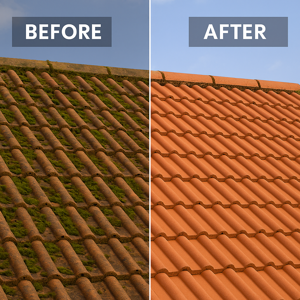A before and after picture of a roof with moss on it.