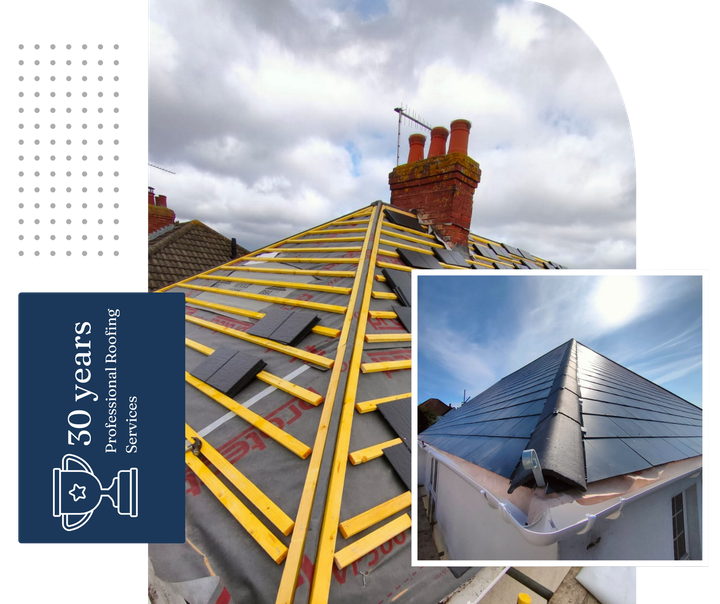 Roof batten with tiles stacked and a picture of a completed roof. 30 years of professional roofing service badge.