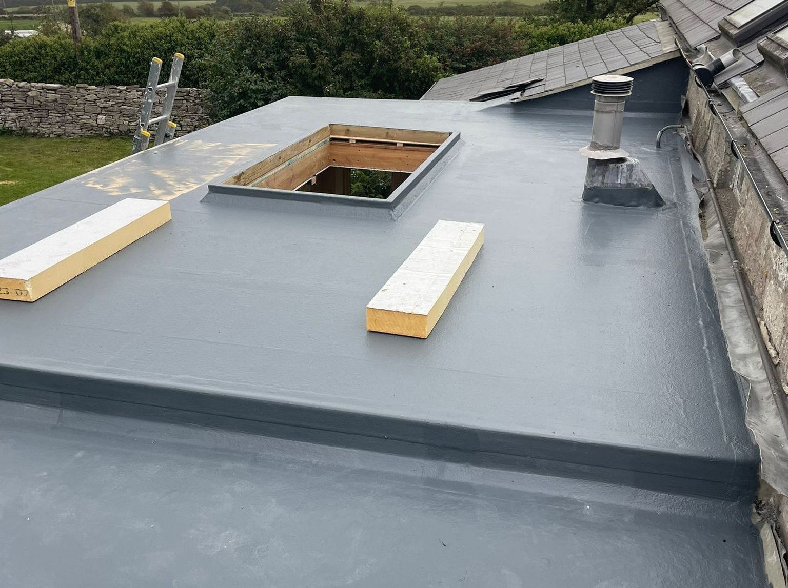 A roof with a skylight and a ladder on it.