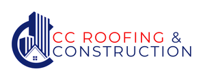 The logo for cc roofing and construction is blue and red.