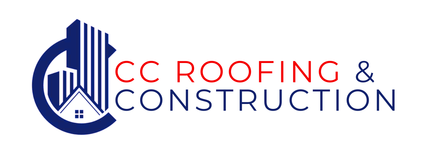 The logo for cc roofing and construction is blue and red.