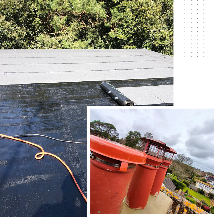 A collage of three pictures of a roof and chimneys