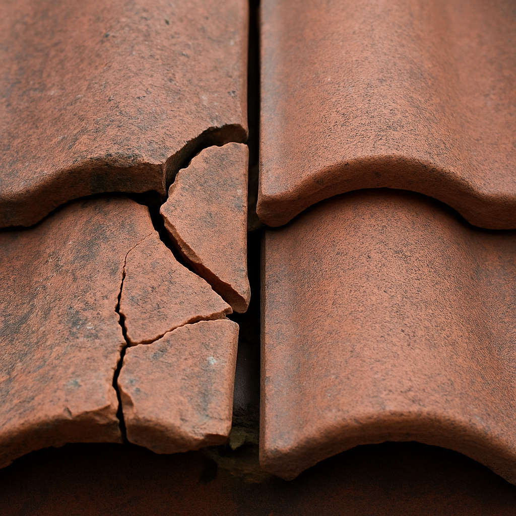 Close up of a cracked roof tile next to a properly aligned one