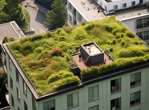 An aerial view of a building with a green roof