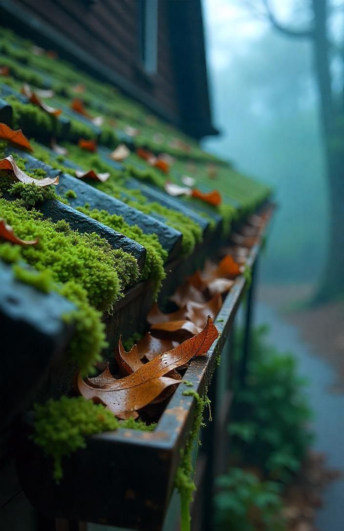 A gutter filled with moss and leaves on the roof of a house.