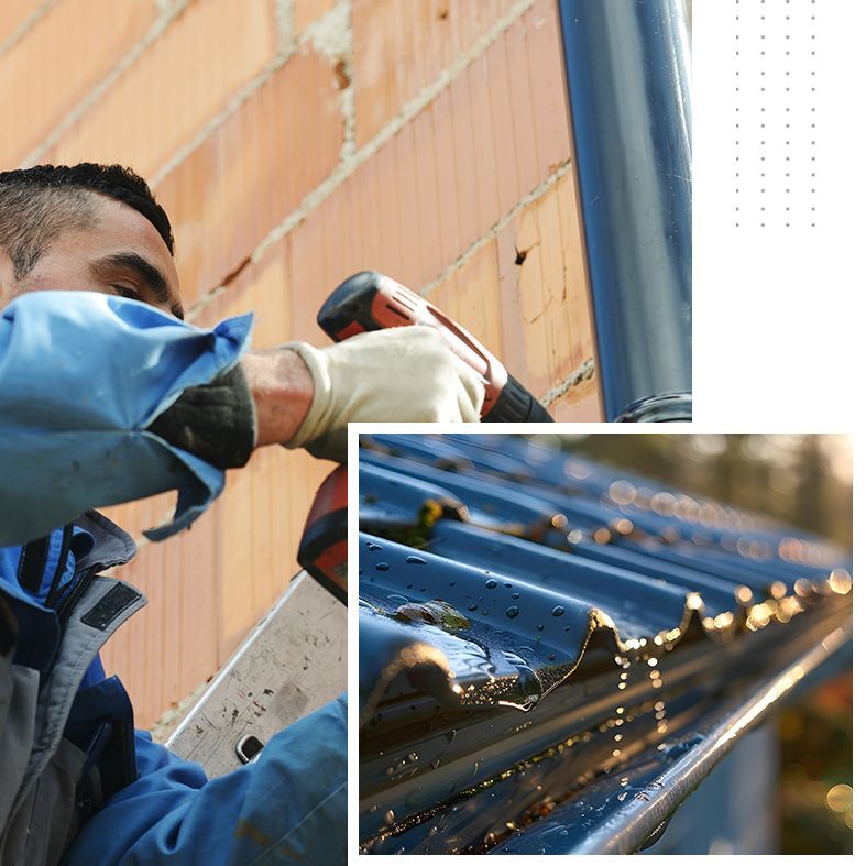 A man in a blue jacket is working on a roof