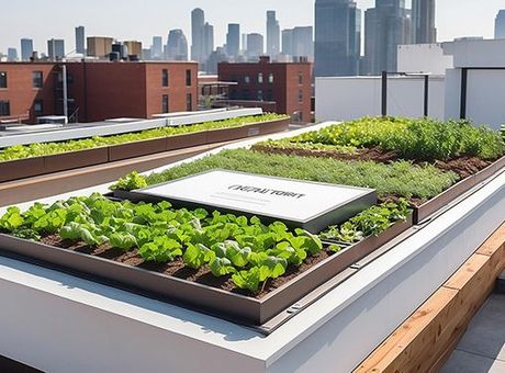 A rooftop garden with a city skyline in the background