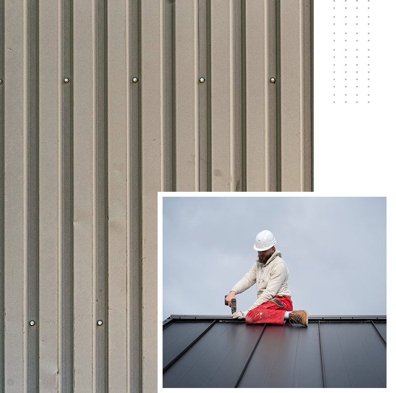 A man is kneeling on top of a metal roof.