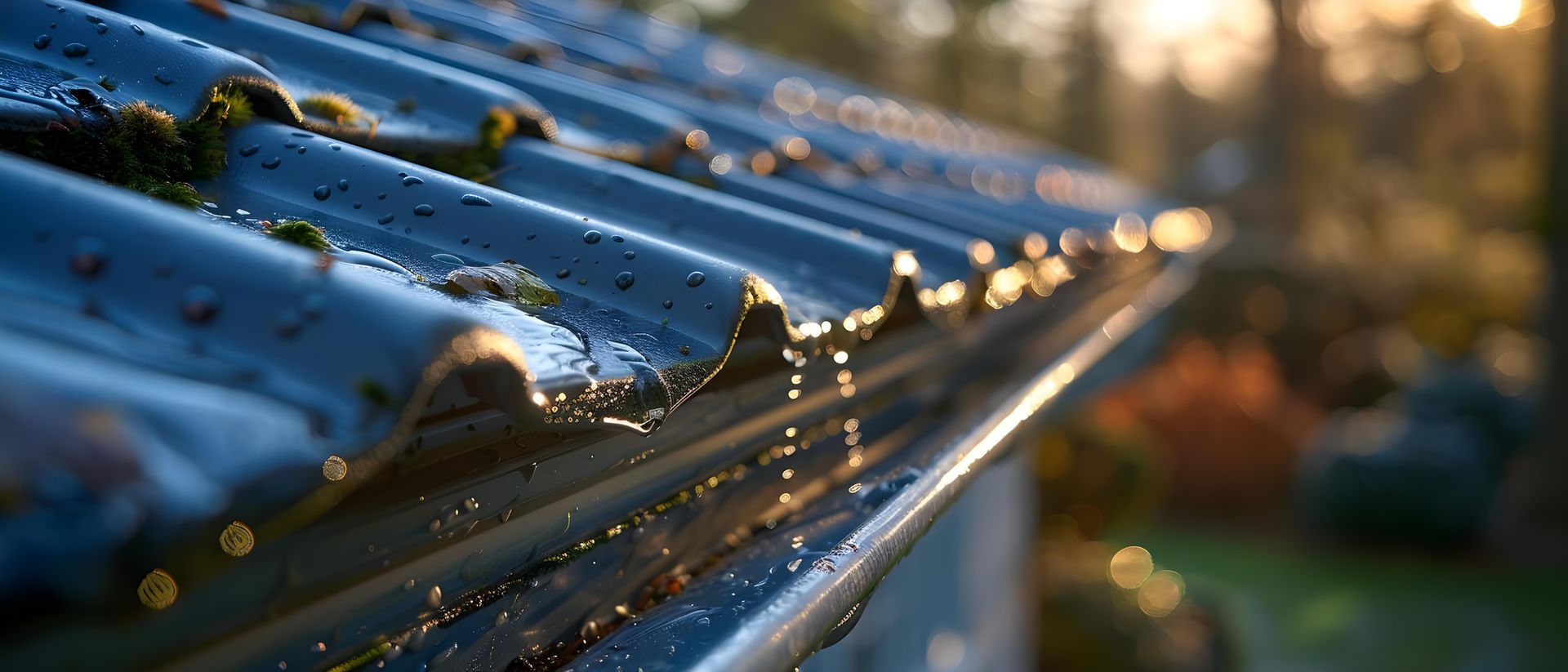 A close up of a gutter on a roof with water dripping from it.