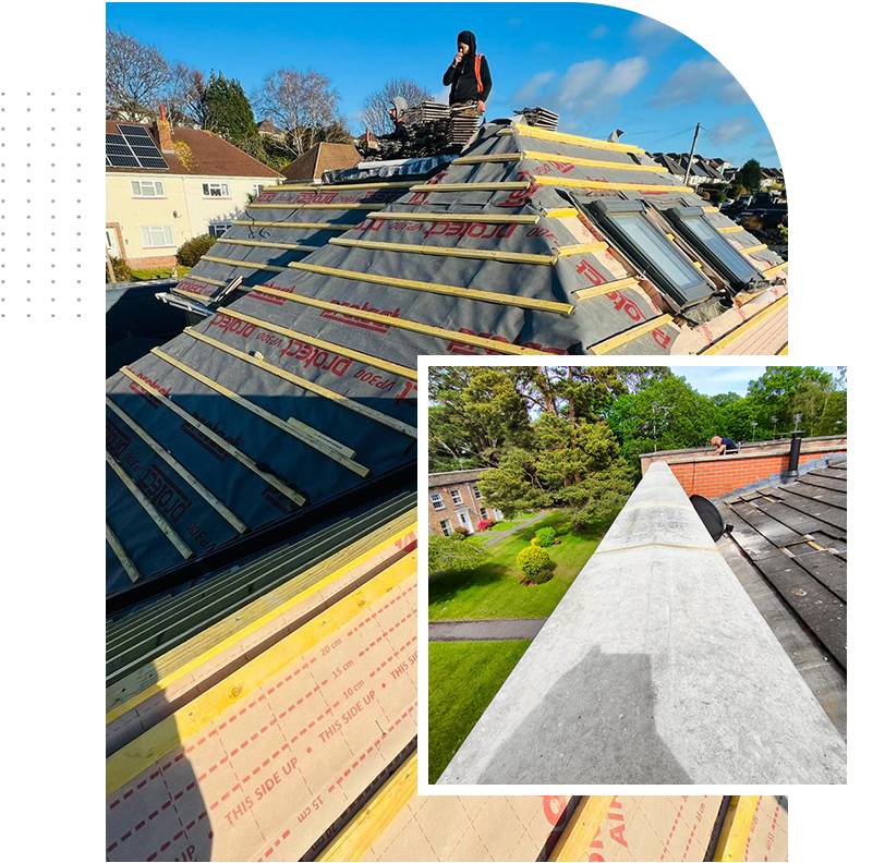 A man is sitting on top of a roof that is being built