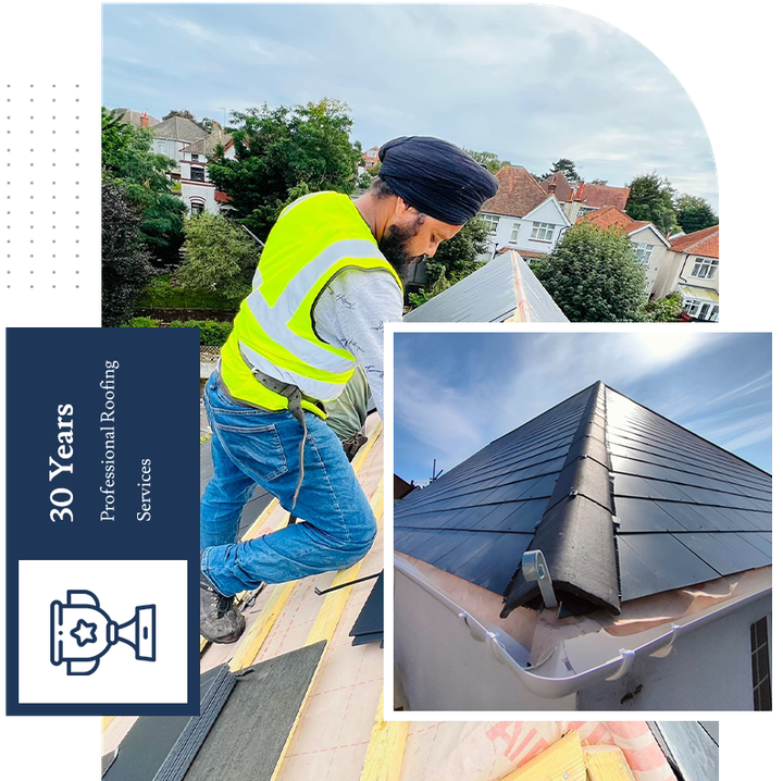 A man in a yellow vest is working on a roof.