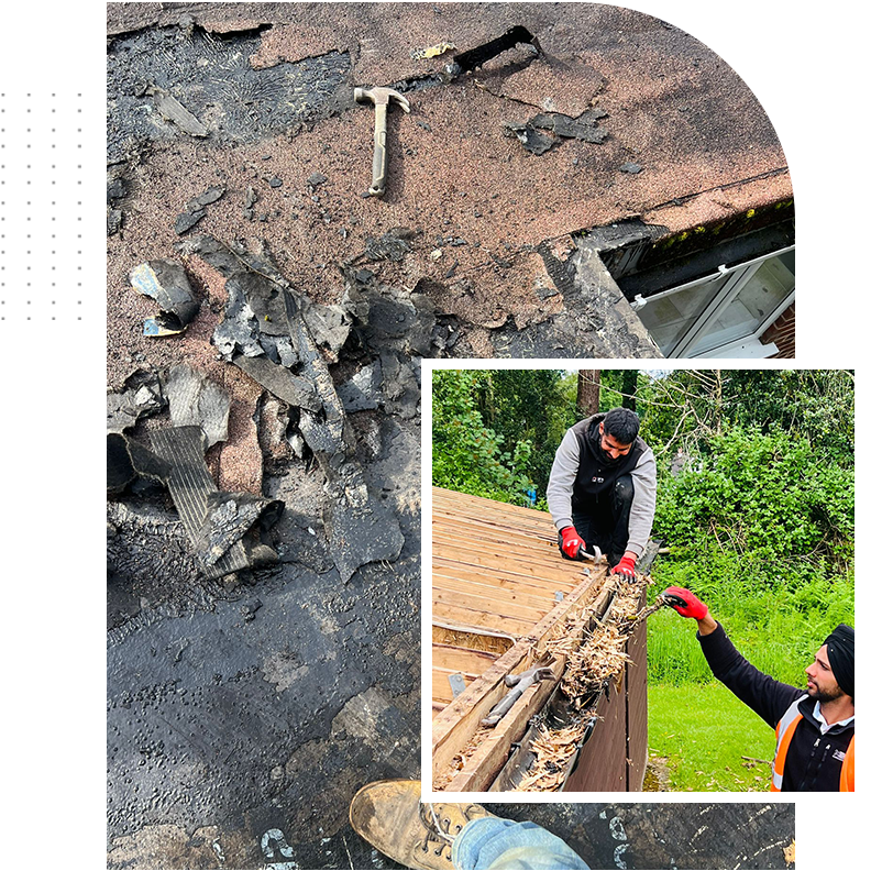 A man is working on a roof with a hammer.