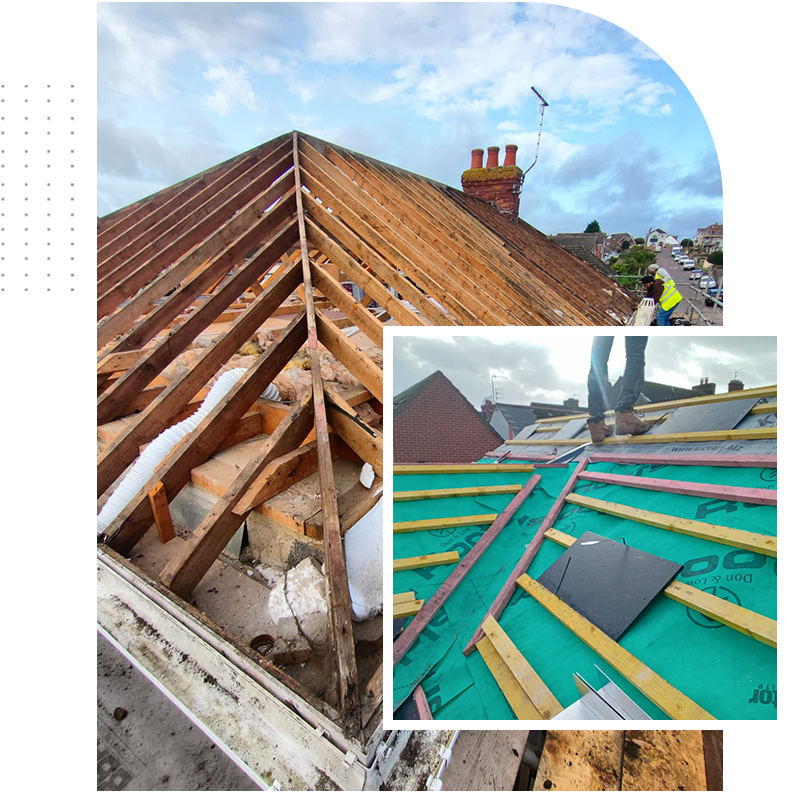 A collage of pictures of a roof being built