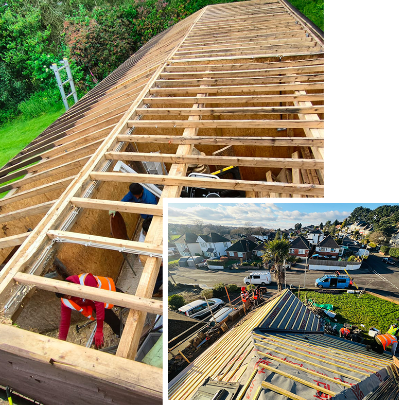 A collage of three pictures of a roof under construction.