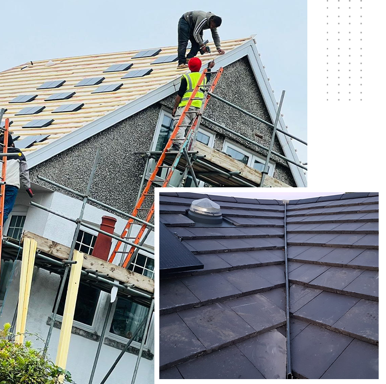 A man on a ladder is working on the roof of a house.