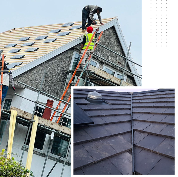 A man on a ladder is working on the roof of a house.