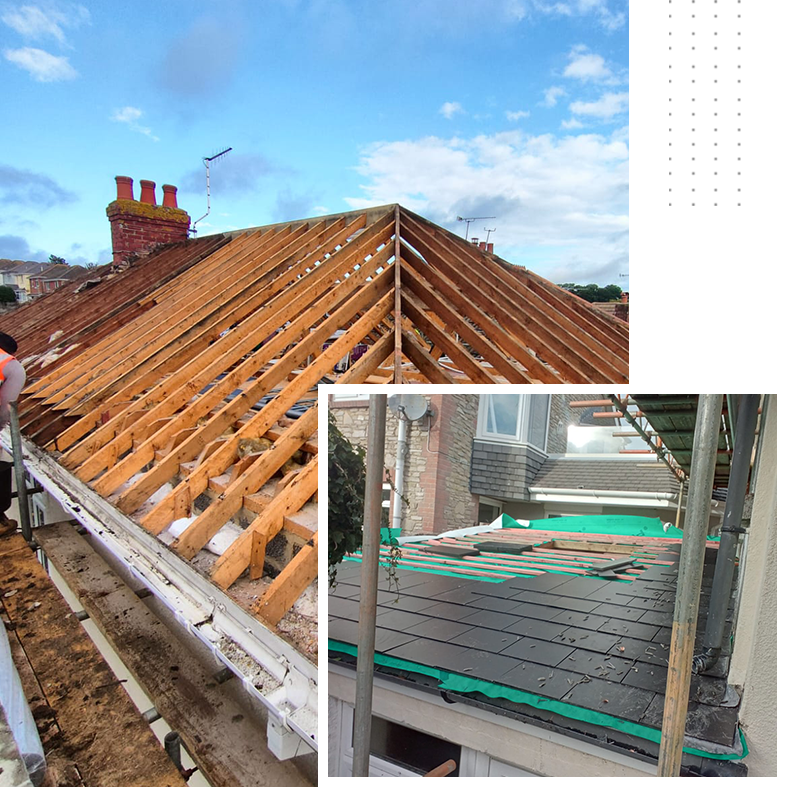 A roof is being built with wooden beams and shingles.