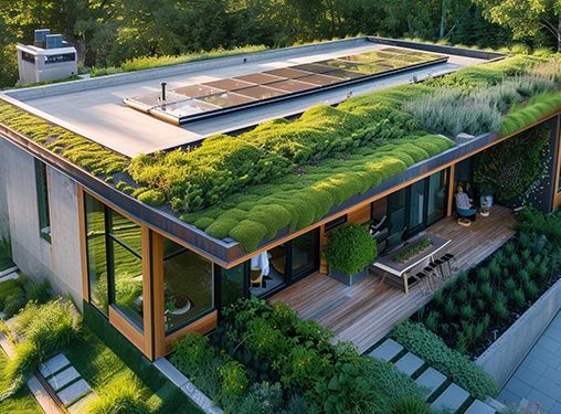 An aerial view of a house with a green roof.