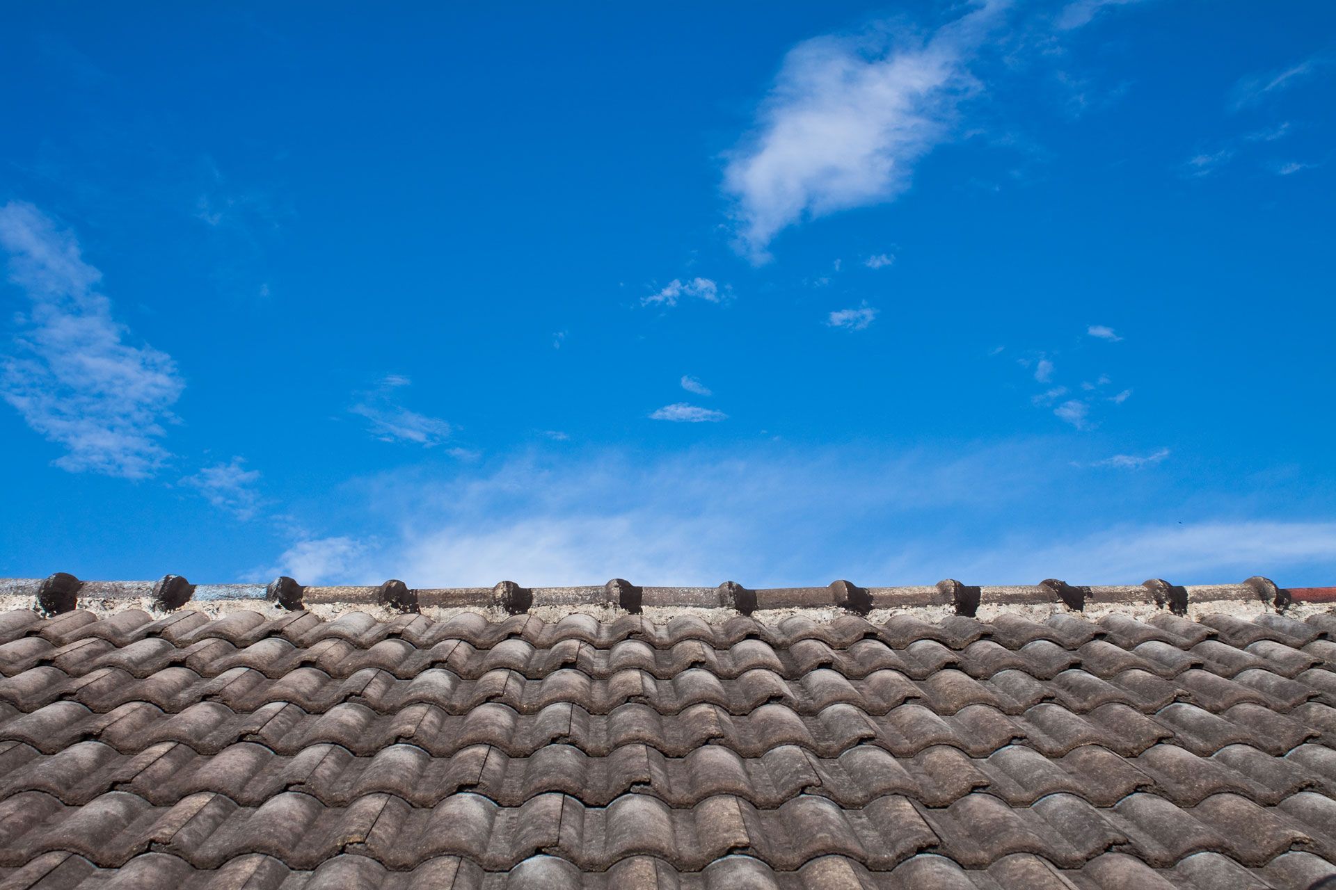 A tiled roof with a blue sky in the background.