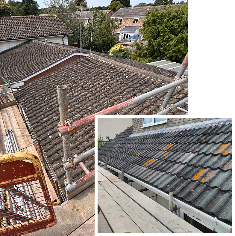 A picture of a roof with scaffolding and a picture of a roof without scaffolding.