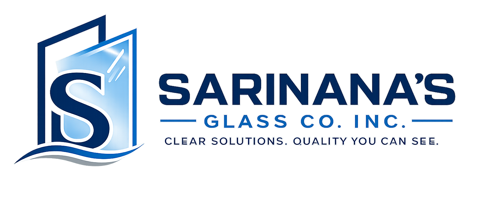 Sarinna’s Glass Co., Inc. logo in blue and white with stylized “SG” and the tagline “Clear solutions. Quality you can see.”