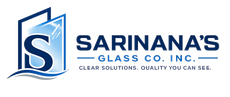Sarinna’s Glass Co., Inc. logo in blue and white with stylized “SG” and the tagline “Clear solutions. Quality you can see.”