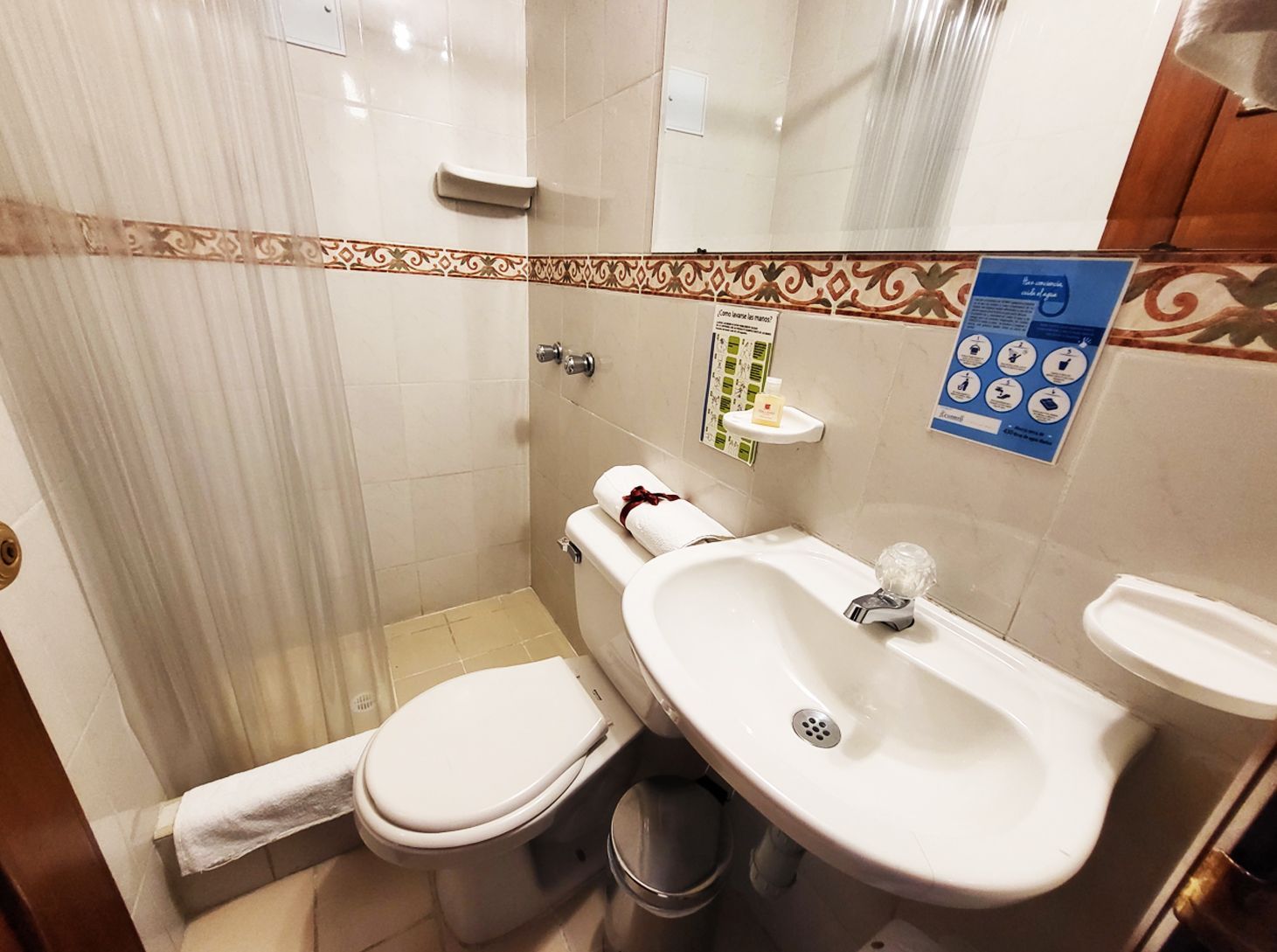 Small hotel bathroom with toilet, sink, shower behind a curtain, and a rolled-up towel.