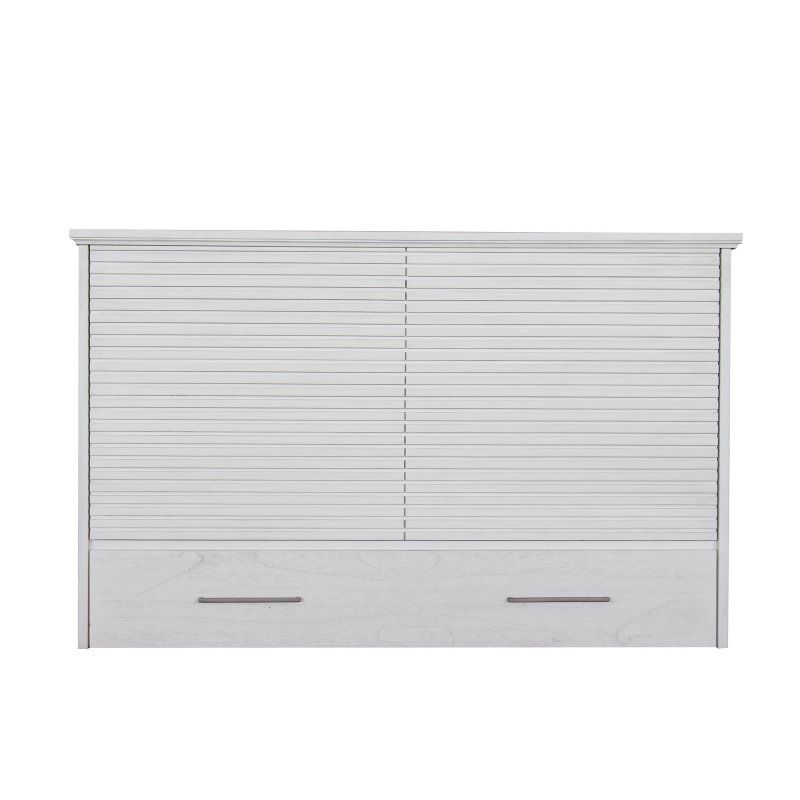 white wood color wood cabinet bed with a stacked wood front panel design. Comes with a bottom drawer & 2 iron handles.