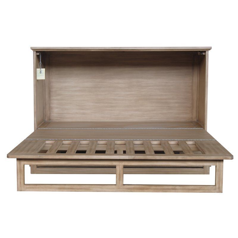 natural wood color wood cabinet bed with a stacked wood front panel design. Comes with a bottom drawer & 2 iron handles. Opened up.