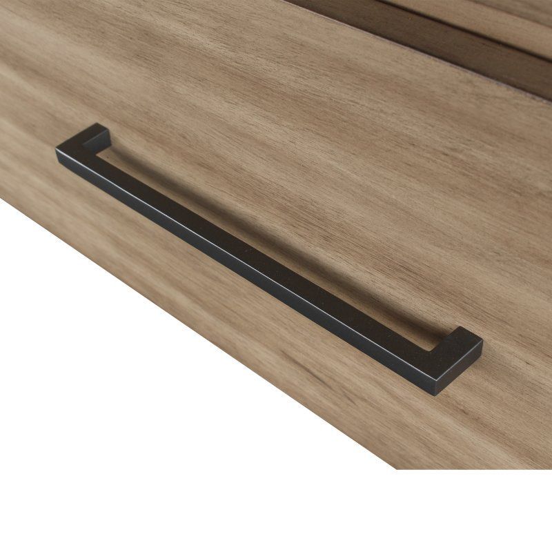 natural wood color wood cabinet bed with a stacked wood front panel design. Comes with a bottom drawer & 2 iron handles. Close-up of the black iron handle.