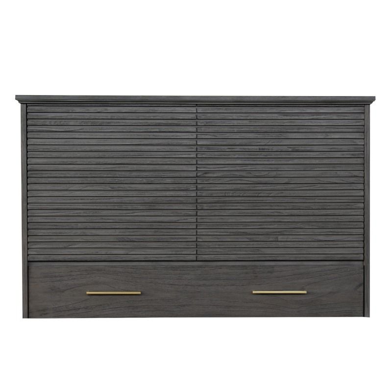 real dark brown wood color wood cabinet bed with a stacked wood front panel design. Comes with a bottom drawer & 2 iron handles.