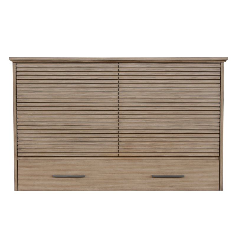 natural wood color wood cabinet bed with a stacked wood front panel design. Comes with a bottom drawer & 2 iron handles.