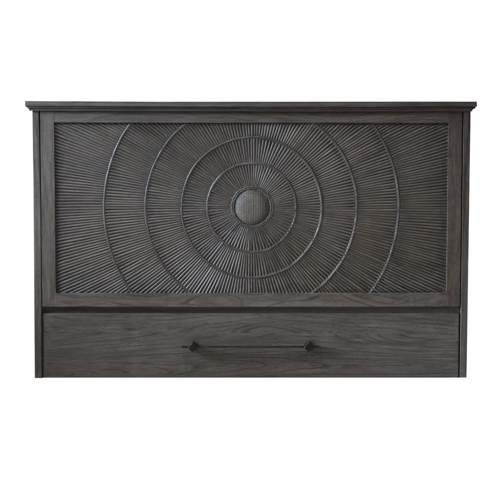 Dark Grey Cabinet bed with a bullseye rattan pattern front panel. Bottom drawer with black iron handle