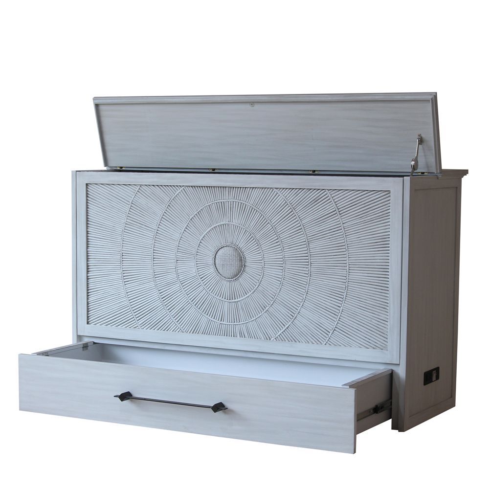 Light Grey Cabinet bed with a bullseye rattan pattern front panel. Bottom drawer with black iron handle. Corner angle showing the power supply on the bottom side panel and the bottom drawer open & top lifted open.