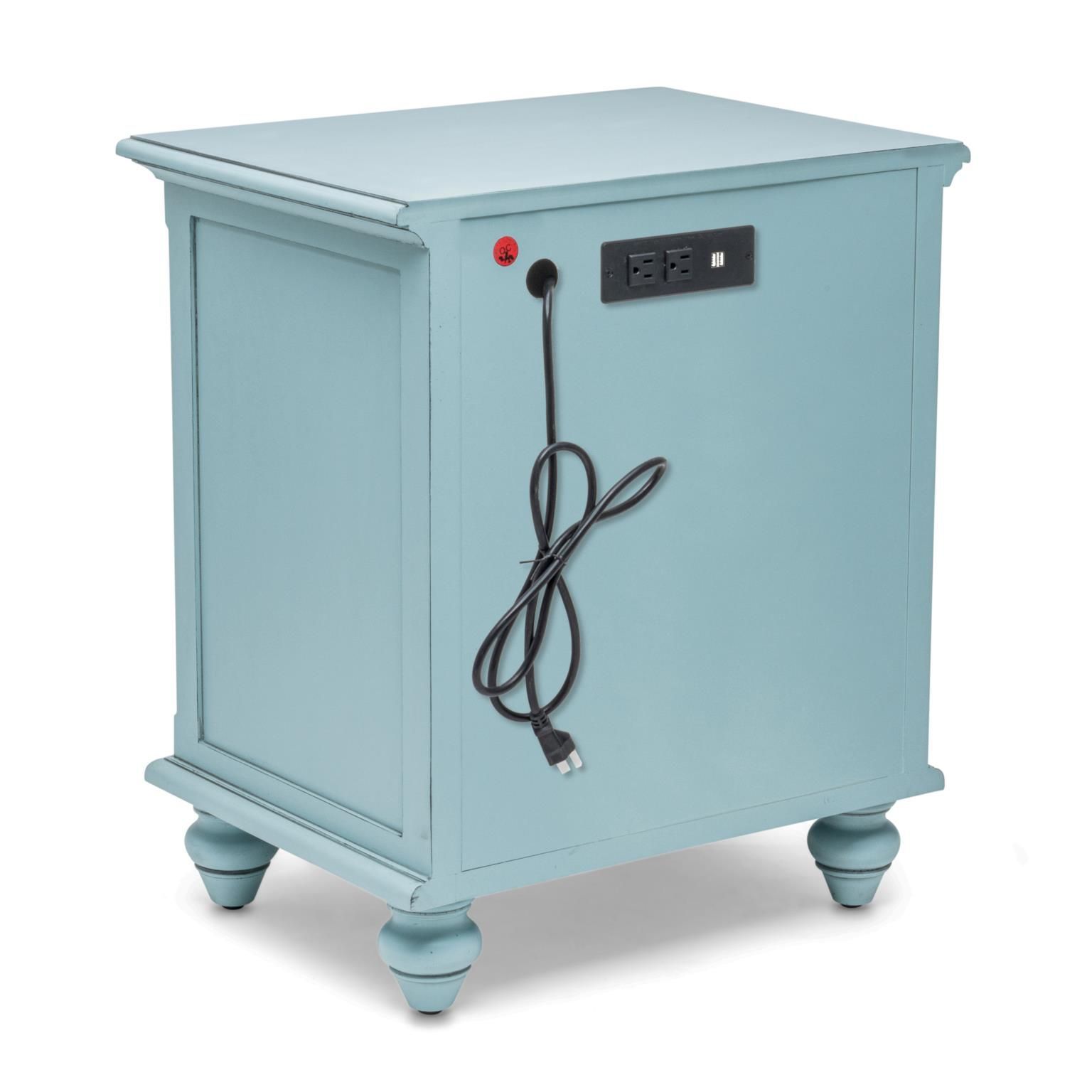 THE BACK SIDE OF THE BLUE NIGHTSTAND, SHOWING THE POWER SUPPLY