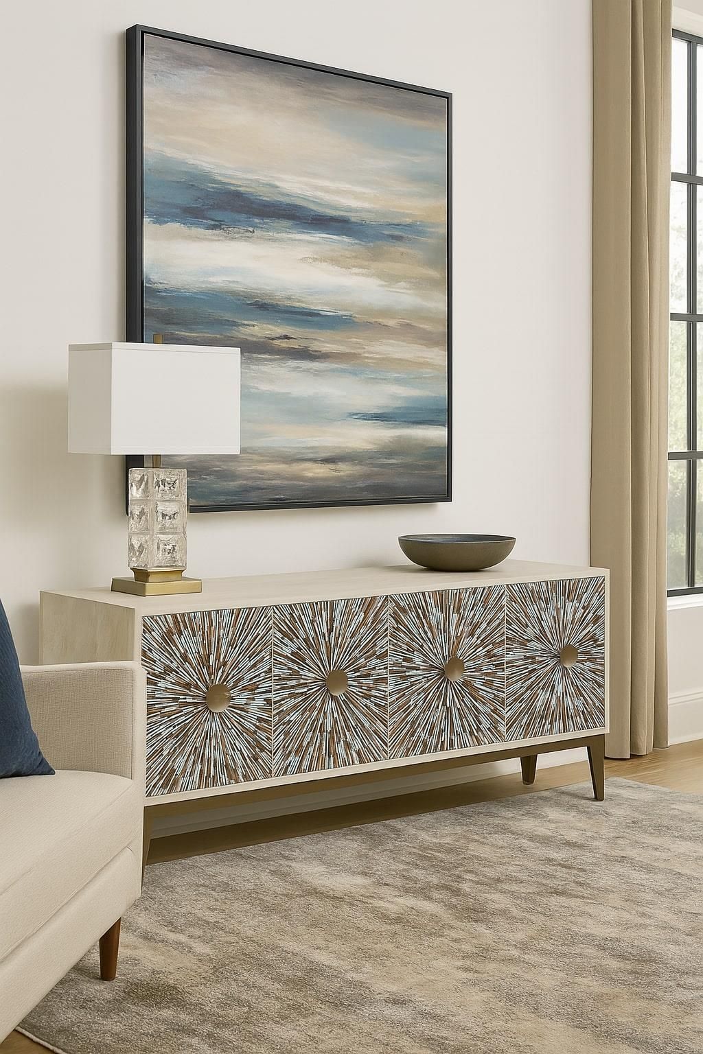 new coastal style dining set, white, wood with distressed grey top, 4 side chairs with upholstered seat and back cushion