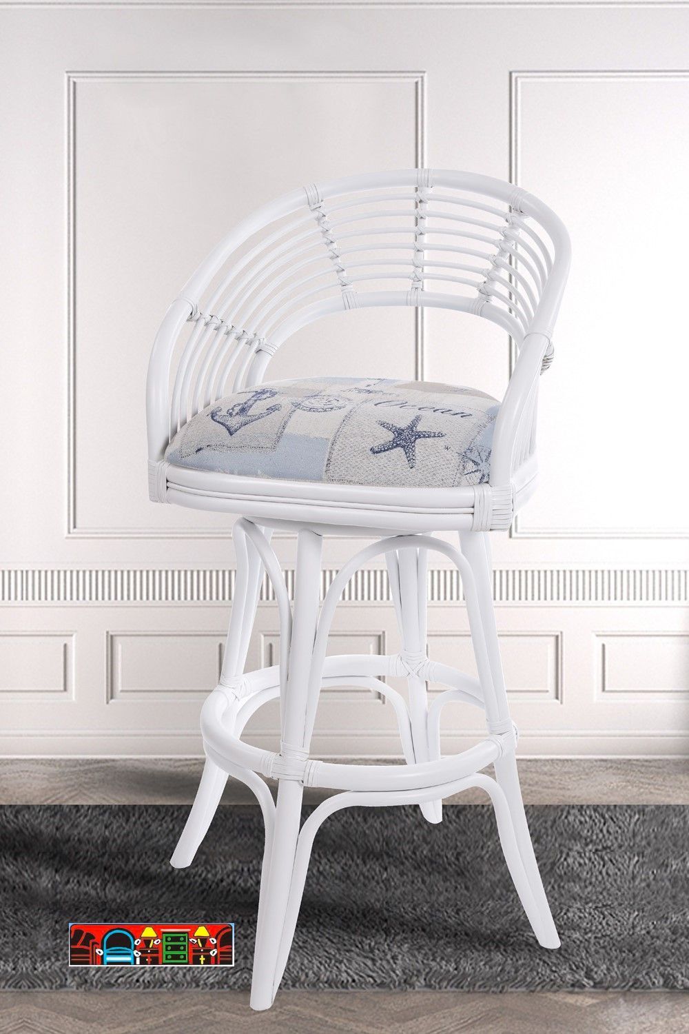 The Bali Barstool features rattan material, a white finish, a swivel function, a cushion, and leather-wrapped joints. It is currently on sale at Bratz-CFW. Pictures in a coastal cushion.