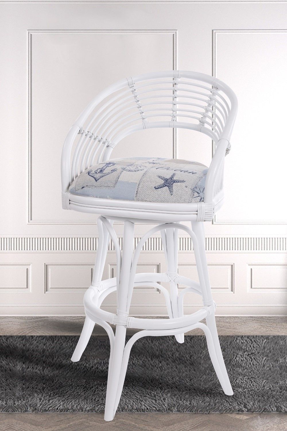 White rattan swivel barstool with a choice between counter height and bar height with grey seat cushion