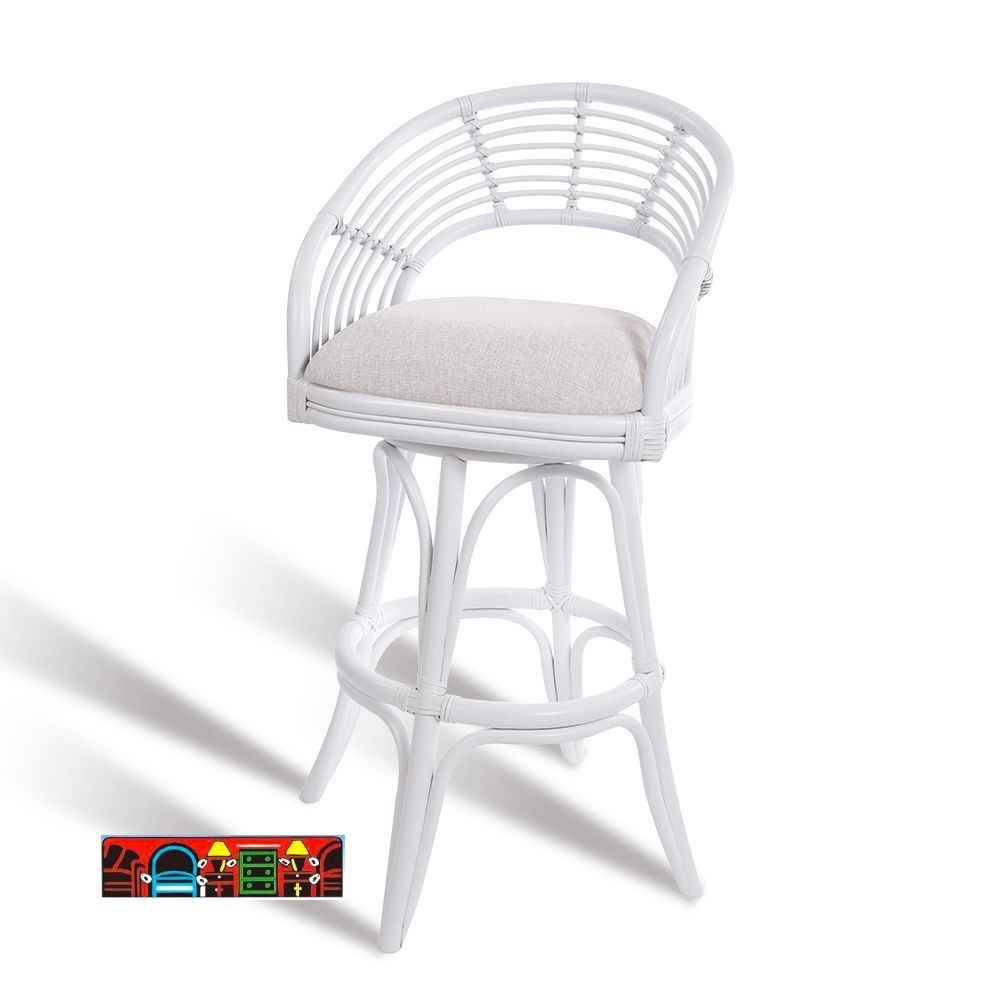 The Bali Barstool features rattan material, a white finish, a swivel function, a cushion, and leather-wrapped joints. It is currently on sale at Bratz-CFW.