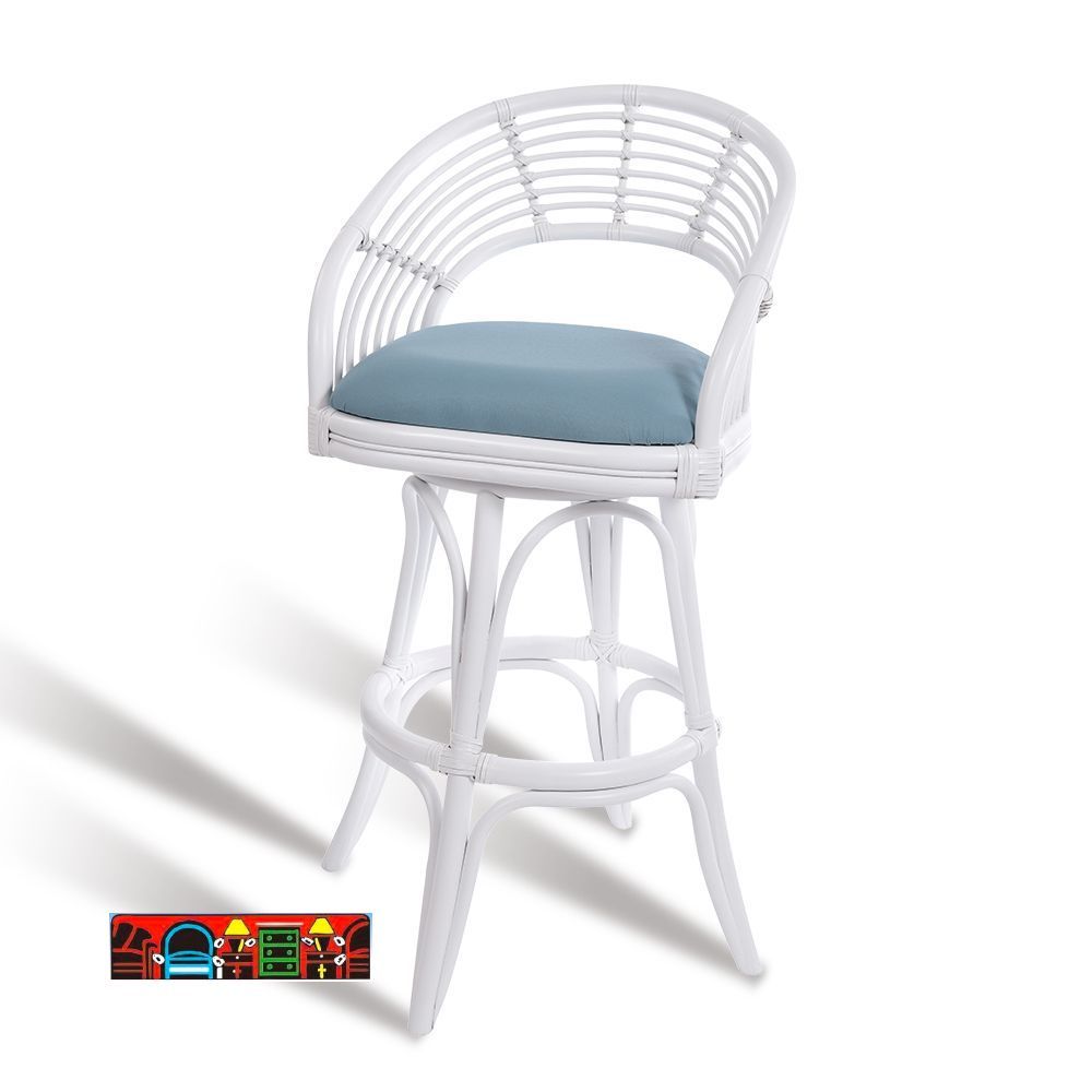 The Bali Barstool features rattan material, a white finish, a swivel function, a cushion, and leather-wrapped joints. It is currently on sale at Bratz-CFW. Pictured with blue cushion.