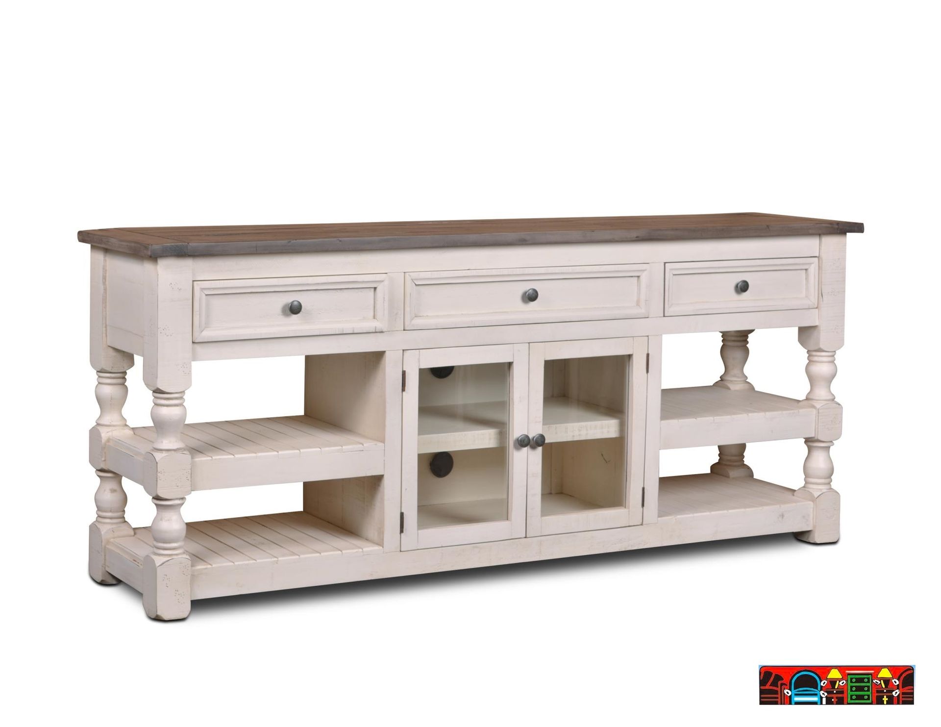 This entertainment console features a two-tone design with a white body and a brown top. It has three drawers, two doors with glass fronts, and cast metal handles. The console also offers ample storage space with shelves inside the doors.