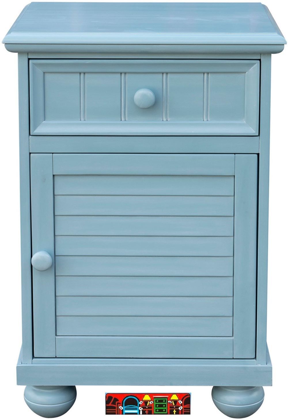 The Beachfront Door Nightstand in Ocean Blue brings unique style with maximum beside storage to your bedroom. On top is a drawer with recessed front and beading, and the door below showcases hand-placed shutters adding to its cottage feel.