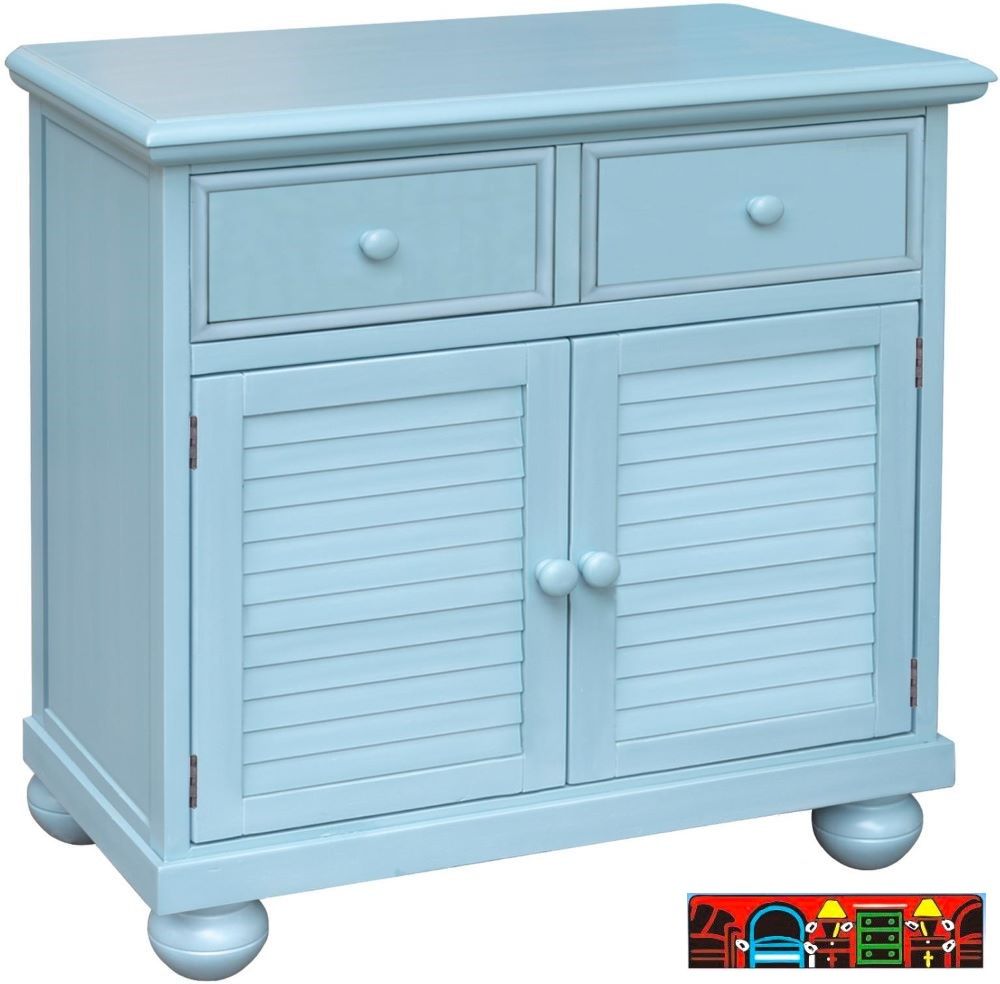 The Beachfront Cabinet, crafted from wood and finished in ocean blue. Features Two drawers, two doors, and a shelf. It is available at Bratz-CFW in Fort Myers, FL.