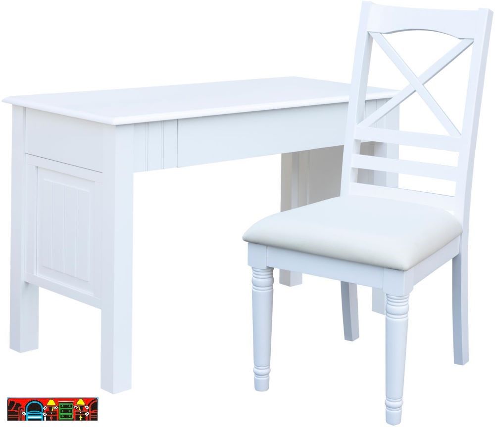 Beachfront desk and chair, crafted from solid wood, featuring a white finish. Available at Bratz-CFW in Fort Myers FL