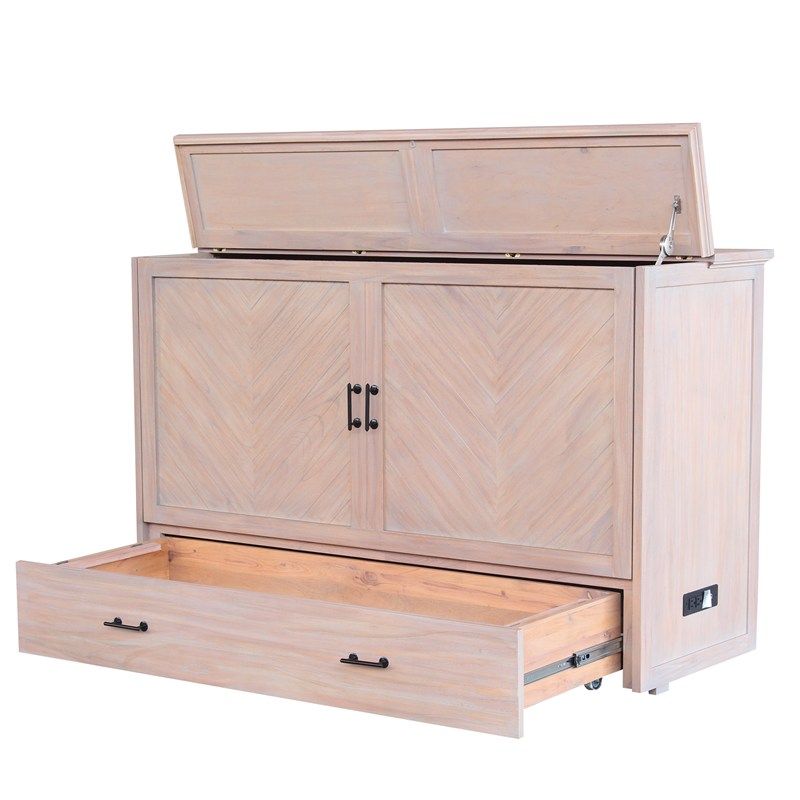 whitewash wood cabinet bed with black iron handles, storage drawer on the bottom and chevron panels front. pictures with bottom drawer open & top lifted all at a corner angle.
