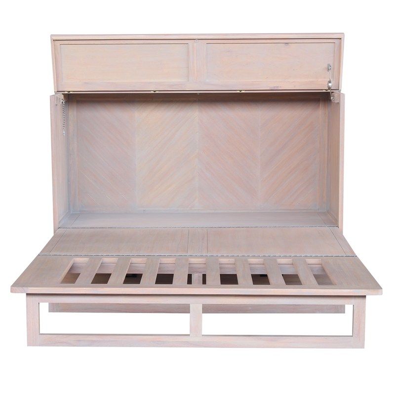 whitewash wood cabinet bed with black iron handles, storage drawer on the bottom and chevron panels front. completely opened up.