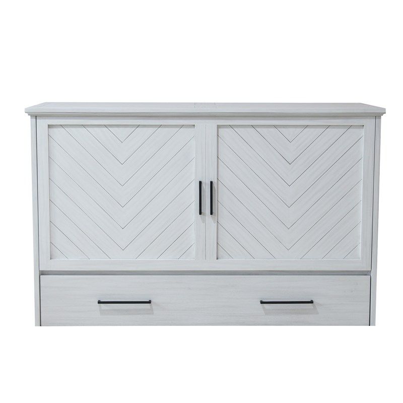 white wood cabinet bed with black iron handles, storage drawer on the bottom and chevron panels front.